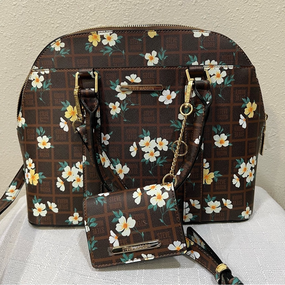 Steve Madden Brown Floral Satchel Bag Crossbody Purse With Card Wallet NWOT